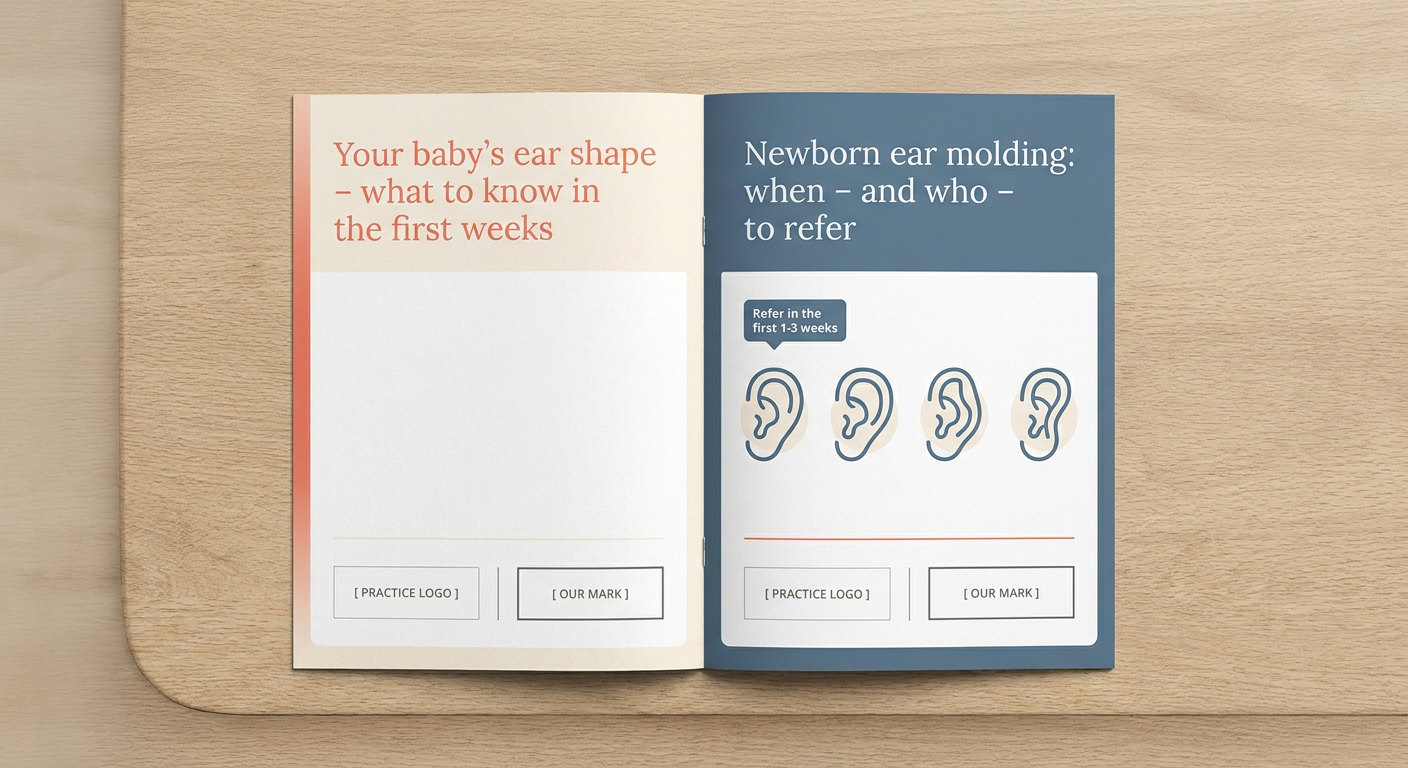 Mockup of the co-branded Sospera referral-education booklet, shown front and back, designed to sit on a referring pediatrician's desk.